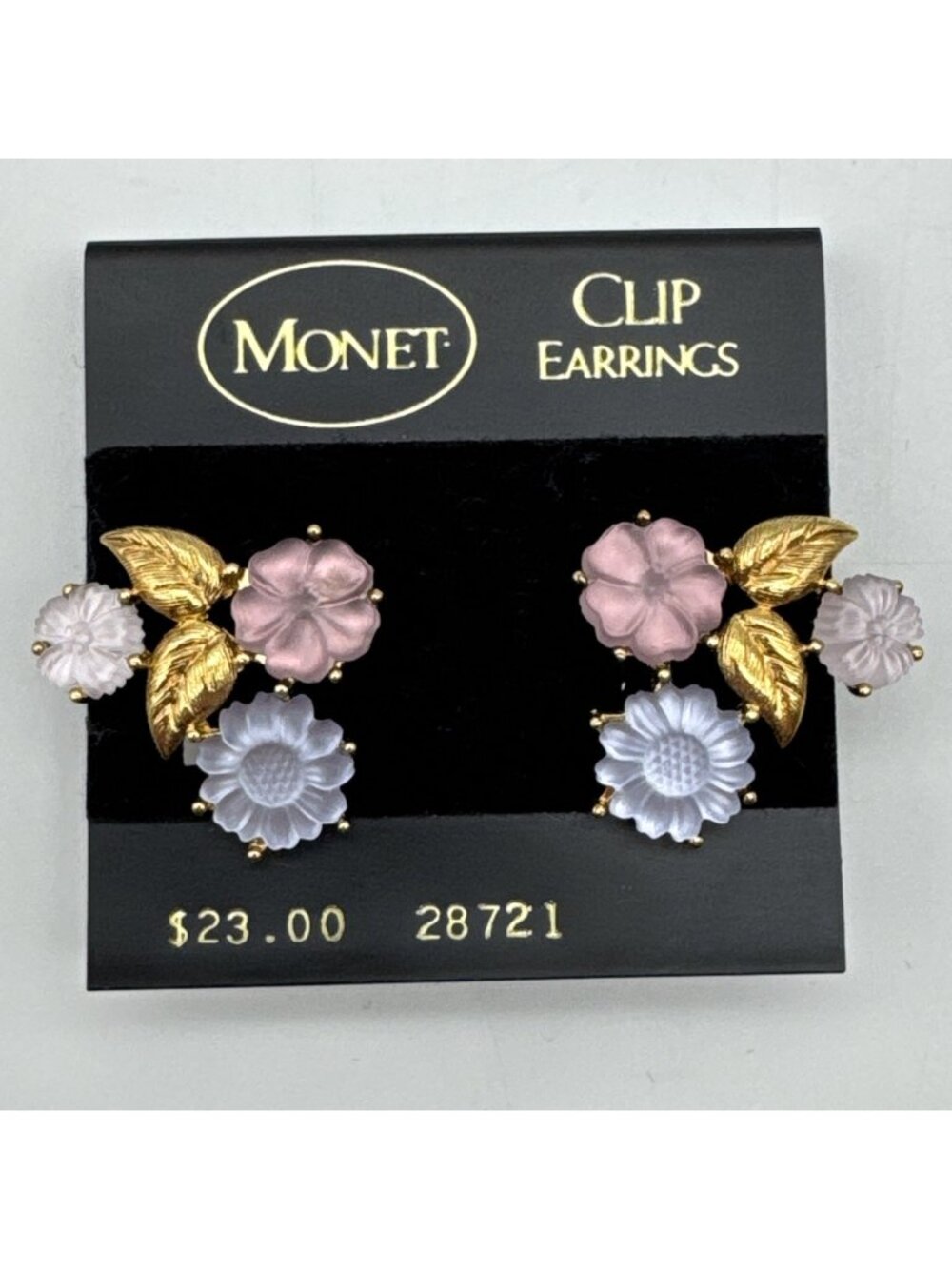 MONET Clip Earrings NOS Floral Pastel Petals w/Gold Tone Leaves VTG 80, Pristine